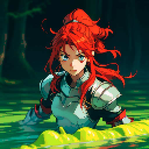 hero sinking into slime, hero drowning in slime, hero has red hair, hero has silver armor