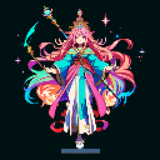 legendary anime girl wizard, long flowing hair, vibrant and dynamic colors, glowing magical staff, intricate and ornate robes, intense and focused expression looking to the right, not wearing shoes, sparkling and shimmering background, detailed and precise pixel art
