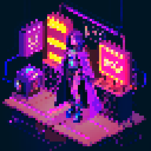 magic mage cyberpunk girl with vibrant purple hair, glowing tattoos, and a flowing cloak, surrounded by holographic neon signs and futuristic market stalls, all rendered in pixel art with a vivid sRGB color palette