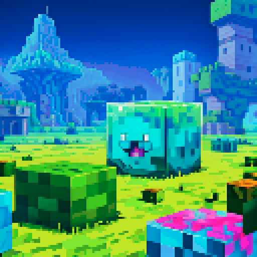 Blue Slime cube, Gelatinous cube, giant Slime, boss fight, grasslands, terraria, minecraft