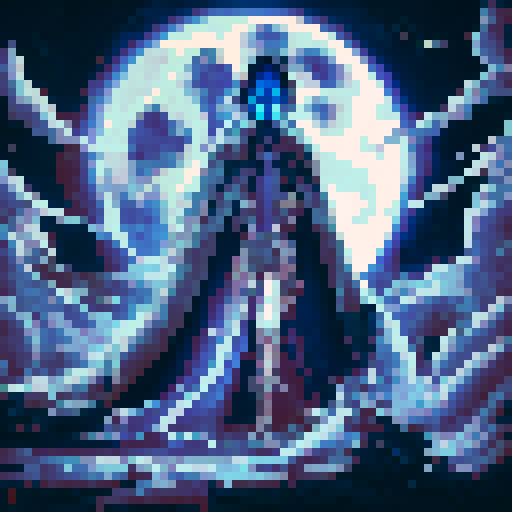 shows a vampire, cloaked in a deep midnight-blue robe, holding a delicate vineglass filled with blood. Their ghostly form seems to merge with the crimson light of a large, full blood moon in the background. The vampire's eyes glow with an intense, otherworldly emotion, and the scene is set against a sky swirling with faint clouds and starlight. The art blends sharp, minimalistic details with a dreamlike atmosphere, capturing the vampire's mysterious and ephemeral presence.