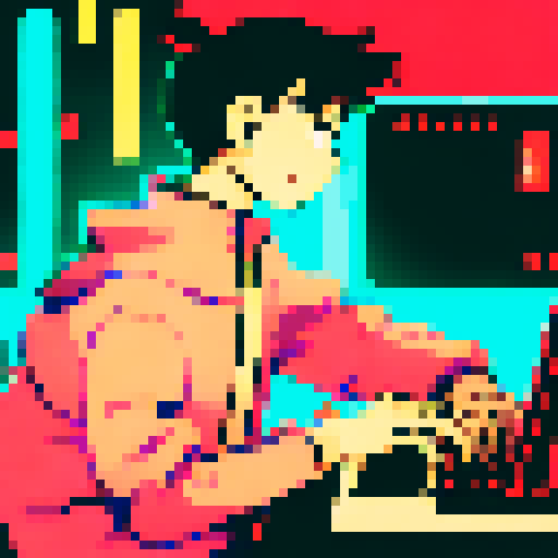 Hacker typing furiously on a retro computer, surrounded by neon lights and futuristic technology, with a pixel art cityscape in the background