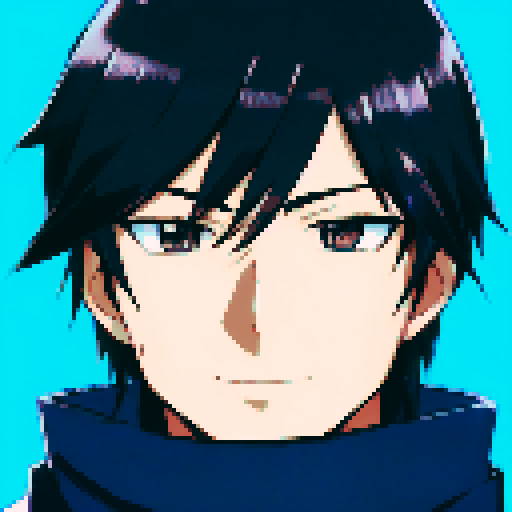 handsome guy, anime, smiling, closed mouth, brown eyes, black hair, blue scarf