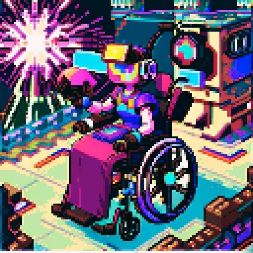 Wheelchair bound, vibrant colors, pixelated details, sRGB color palette, retro joystick, futuristic robotic arms, whimsical patterns, dynamic motion lines, expressive facial features, intricate pixel shading, immersive virtual reality headset
