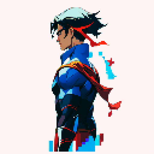 pixelated Superman flying through a vibrant, retro cityscape with bold, primary colors and clean, sharp lines