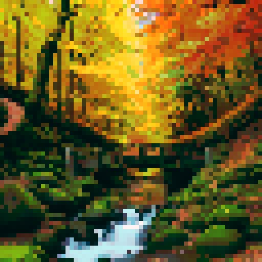 dense, moss-covered trees, vibrant autumn foliage, winding dirt paths, towering evergreens, sunlight filtering through the canopy, fallen leaves crunching underfoot, a tranquil creek flowing through the forest, small woodland creatures scurrying about, a quaint wooden bridge, patches of colorful mushrooms, pixelated tree trunks, vibrant shades of green and orange, a serene atmosphere, sRGB color palette