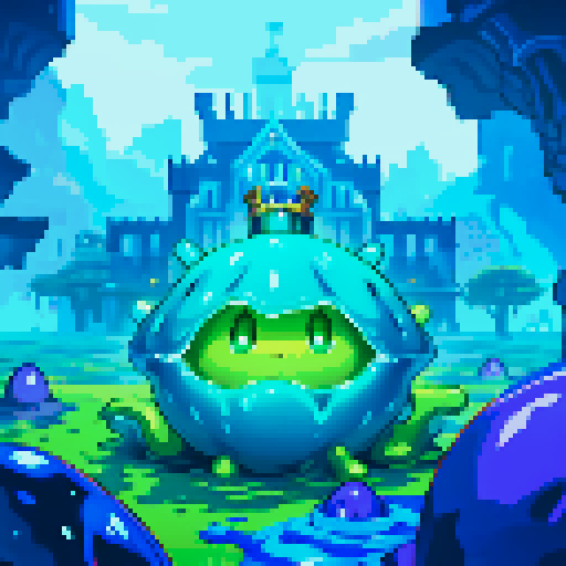 Blue Slime cube, Gelatinous cube, wearing crown, giant Slime, boss fight