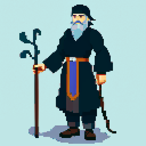old raven-like druid with grey beard, with staff in hand