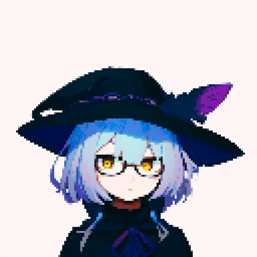 male, symmetrical face, closed mouth, yellow eyes, hair between eyes, solo male, straight-on, facing viewer, light blue hair, bob cut, white pupils, tsurime, pepekekeko, long bangs, flowing sleeves, capelet, perfect anatomy, blunt bangs, intricate details, witch hat, feather, glasses, pixel art, sRGB, anime, grumpy