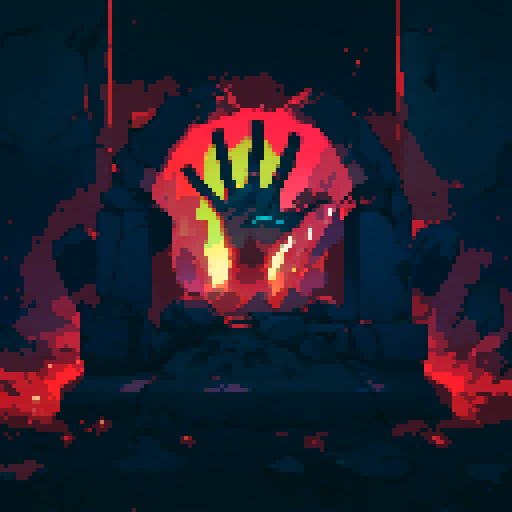 Hang with tattered clothes, eerie green glow, and bony fingers reaching out, emerging from a pixelated tomb in a hauntingly vibrant sRGB color palette