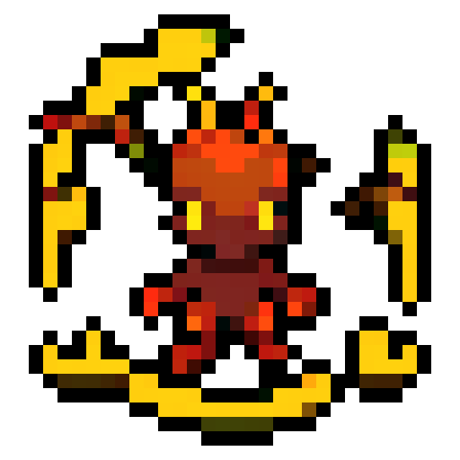 small, demonic creature, tiny horns, bat-like wings, dark red skin, glowing yellow eyes, mischievous grin, long, pointed tail, pixel art, sRGB
