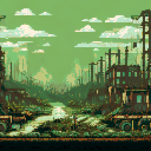 post-apocalyptic factory, hidden in the woods, abandoned machinery, rusted pipes, overgrown vines, decaying buildings, shattered windows, eerie silence, nature reclaiming, vibrant pixelated colors, sRGB palette, atmospheric landscape, yellowish/ green toxicated air
