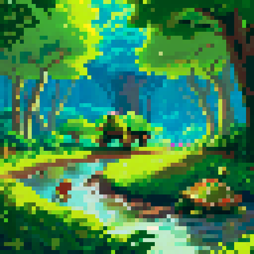 In a wooded clearing with lush green trees and a river, a terrible menace in the background threatens the turtles' peaceful life.