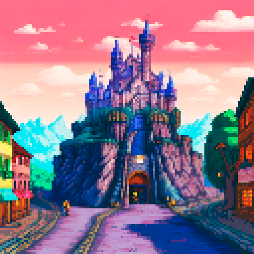 Crowded, bustling medieval market with colorful stalls selling fresh fruits, vegetables, meats, and baked goods; narrow cobblestone streets lined with wooden merchant shacks; castle towers and church spires rising above the bustling scene; all depicted in a vivid, sRGB pixel art style with a detailed background landscape