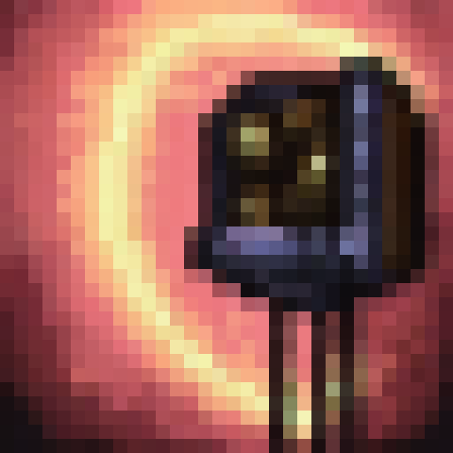 Abandoned, rusted, and overgrown with vines, the dilapidated space station stands alone against the starry, black void of space in a 32x32 pixel art style.