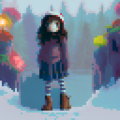 a girl in a beanie, striped tights, a blue skirt and a red sweater