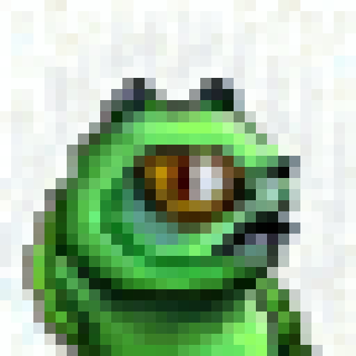 Pixelated Pepe the frog, with a transparent background, in 16-colors, in a game icon style, 32x32 pixels, sRGB, using skillful close-up portrait techniques.