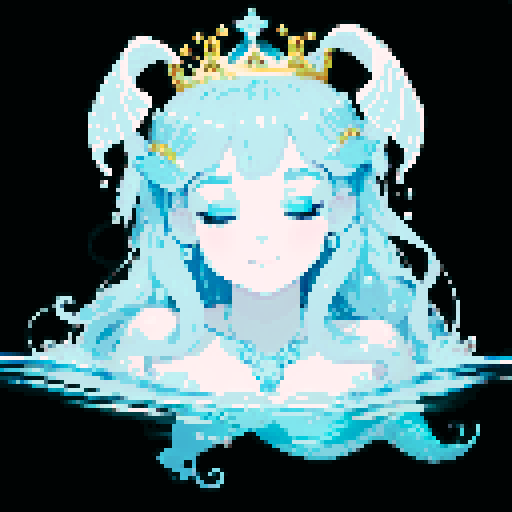 Create a close-up image of a mermaid with a crown in a western classical style, with her face partially submerged underwater. Half of her face is above the water's surface, revealing her beautiful features. The crown should have an ethereal, shimmering quality, adding to her majestic presence. 