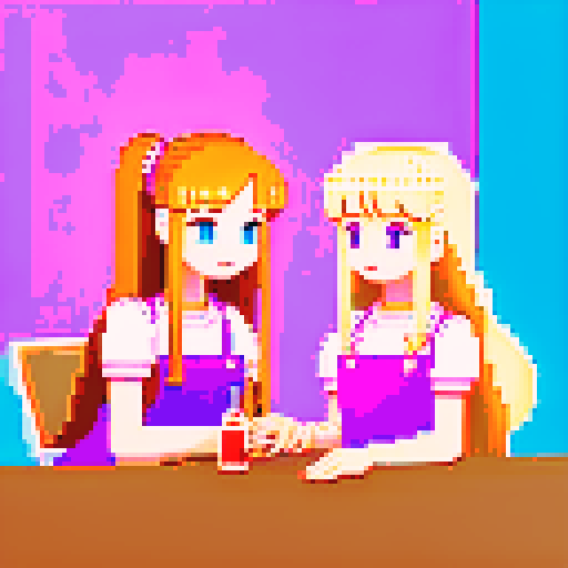 A nail tech with long blonde hair wearing a pink apron and a girl with brown hair sitting and facing each other at a table in a nail salon. Nail polish bottles and UV lamps