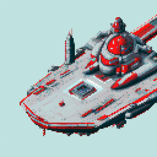 space battleship, top-down view, gray border, red desk, pixel art