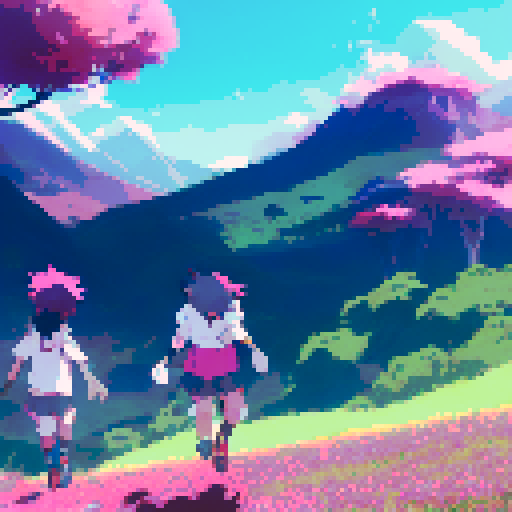 Boy with spiky hair and girl with pigtails, both wearing colorful outfits, dashing through a field of lush green grass with pink flowers, surrounded by a picturesque mountain landscape, all in vibrant anime style
