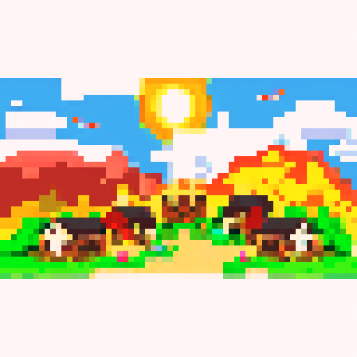 Sunshire title screen farming town, large mountain with small dragons flying around, fire-like text, sRGB, pixel art, background, landscape