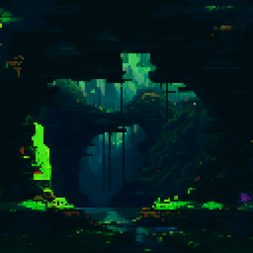 a dark, foreboding underground mine on an alien planet. Ancient machinery intertwines with the rock and glowing crystals. 