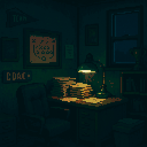 Pixel art of a dimly lit coach’s office filled with character: an old desk stacked with yellowed scouting reports, a flickering green-shaded desk lamp casting a small circle of light, and a dusty, tarnished trophy on a nearby shelf. One window shows night falling. The room is cramped, cluttered, and lived-in. Blues, muted browns, and hints of gold for the trophy. Add soft shadows for atmosphere.