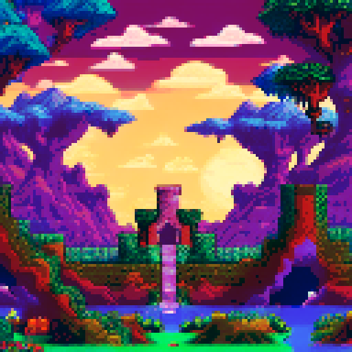 Cozy green clearing, majestic "Bone Castle", beautiful trees, vibrant flowers, sRGB pixel art, warm atmosphere, side view game, terraria style