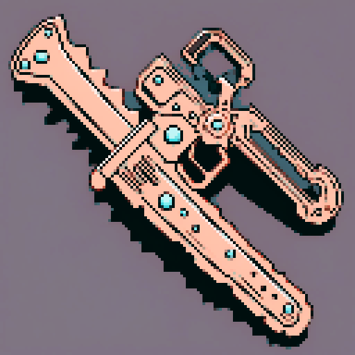 I want a copper structure reminiscent of an magical chainsaw. It should have strange mechanical details that could interlock with other pieces. I also want this object usable an asset in a videogame, meaning only one object per image, outlined with a strong black stroke, on a solid-color background.