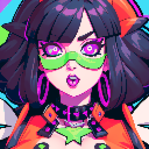 Busty curvy goth babe with studded collar, vibrant neon colors, bold outlines, and a retro sRGB color palette
