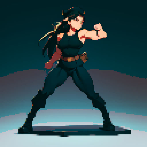 full-body image, muscle girl, female, thick biceps, big shoulders, big fists, muscular physique, thick waist, facing left, ready to fight, exaggerated proportions, black military uniform, black hat, military backdrop, sRGB, pixel art, no background, no backdrop, facing left, fists raised, ready to fight, full-body