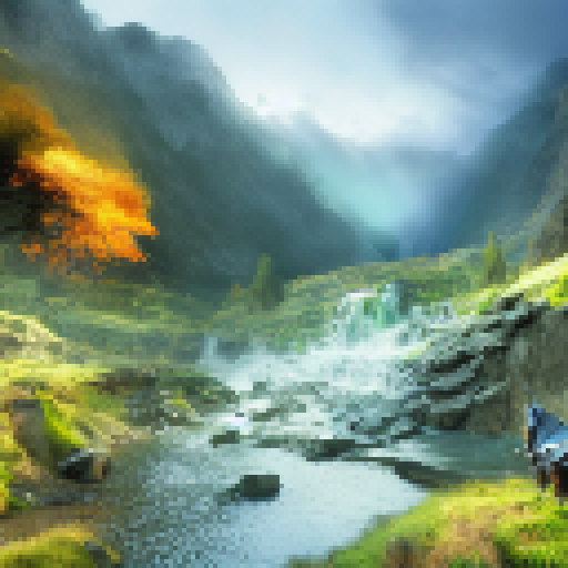 Dragon and knight clash in epic battle amidst rushing waterfall, misty mountain backdrop, captured in stunning landscape portrait.