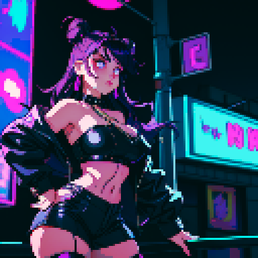 Thicc, curvy, busty goth babe with studded collar, long purple hair in buns, fishnet stockings, studded halter top, posing in neon bar for photo. neon signage, sRGB