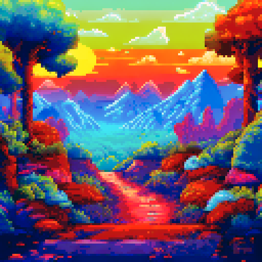 layered mountains, dense forest, wooden fence, vibrant colors, pixelated details, sRGB palette, serene background, picturesque landscape