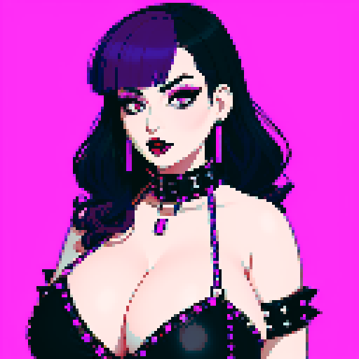 Plus size, busty goth girl face, purple hair, black eyeshadow, red lipstick, bikini, studded collar, sexy seductive glamour shot. vibrant srgb colors, pixel art, edgy aesthetic