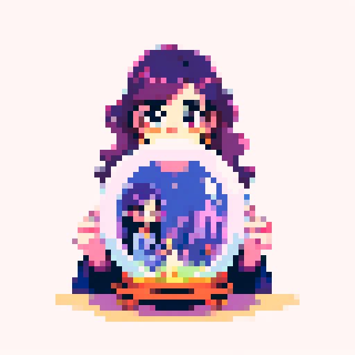 Colorful Illustration of a charming young witch with a boho vibe, reading a crystal ball, viewed from the client's perspective, mystical atmosphere with candles and herbs