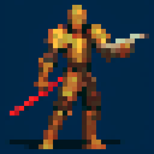 pixel art picture of a human male knight swinging a great sword with both hands, vibrant colors, detailed shading, and smooth lines, heavy armor, combat stance, muscular build, armored helmet, deep red and gold armor, detailed sword, detailed shading, smooth lines