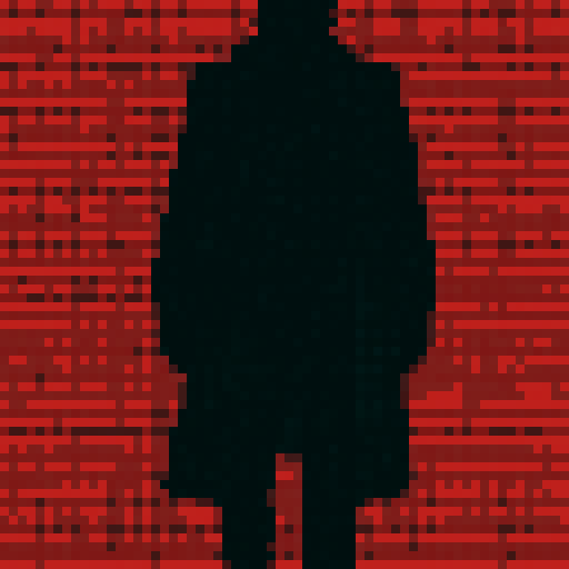 dark male figure, shadow, trenchcoat, red background, pixel art, 