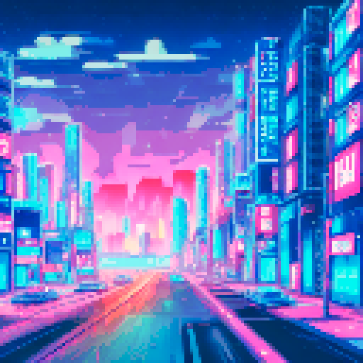 Tokyo skyline, neon-lit skyscrapers, palm trees swaying, glowing city streets, futuristic cars zooming, holographic billboards flickering, vibrant pinks and purples, pixelated buildings, vaporwave aesthetic, sRGB color palette, dreamy cityscape, cyberpunk vibes, illuminated bridges, tranquil river reflecting colorful lights, serene moonlit mountains in the distance