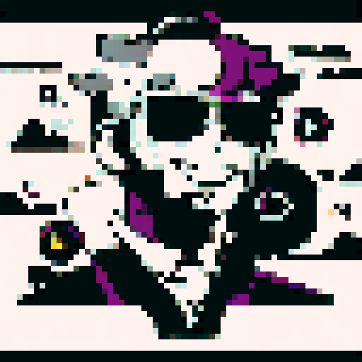 An artwork in Miami Vice styl with a devil driving in his cabriolet. On the backseat are his white and black friend listening to music