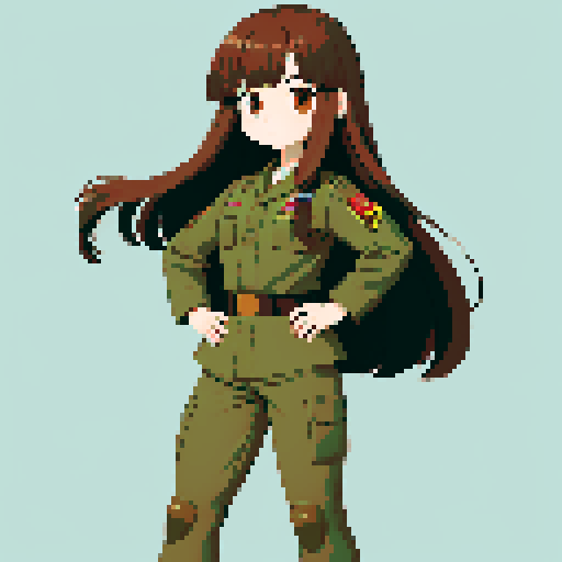 young girl, large round eyes, brown hair, brown eyes, wearing combat army uniform, a full-body standing pose, clean and detailed, game icon, centered composition, beautiful girl, long flowing hair, detailed eyes, slim figure, soft smile, round face, like Japanese anime