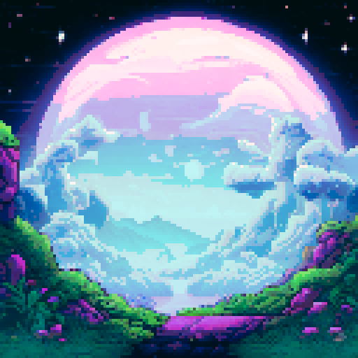 glowing crescent moon in the black sky, surrounded by glowing stars, floating above a grassy field