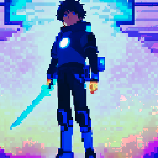 young hero with blue glowing cyber sword shonen with dark hair, astralite, anime game pixel art, A vibrant and colorful RPG-style scene with Super Nintendo graphics, featuring a 16-bit color palette and a resolution of 256x224 pixels, very detailed