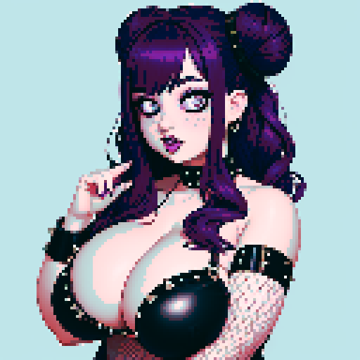 Nude portrait of thicc, curvy, and busty goth babe with studded collar, ahegao face, long purple hair in buns, fishnet stockings, halter top, sRGB color