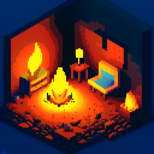 a campfire inside a duneon room, a resting place, closeup