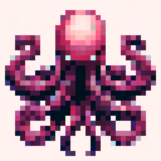 "Pixel art of a kraken with a retro, arcade-style aesthetic. The tentacles are symmetrical or wavy, with a blocky 8-bit style. Include a minimal background, such as plain white. The design evokes the feel of classic Space Invaders or retro video game creatures."