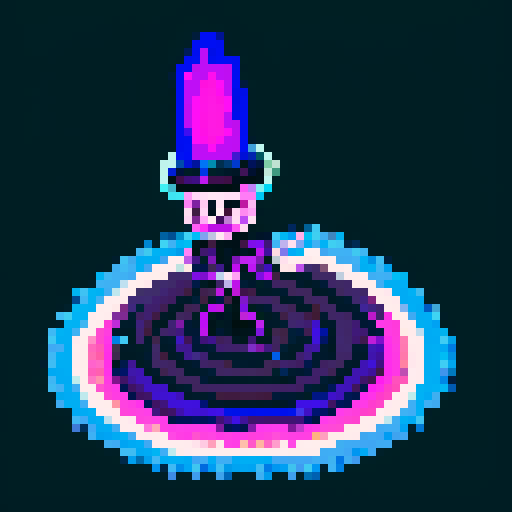 Pixelated skeleton wizard with glowing blue eyes, casting a spell with bony fingers, surrounded by swirling purple smoke