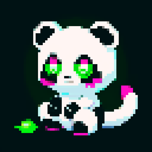 panda, green neon eyes, sentado, pixel art, sRGB