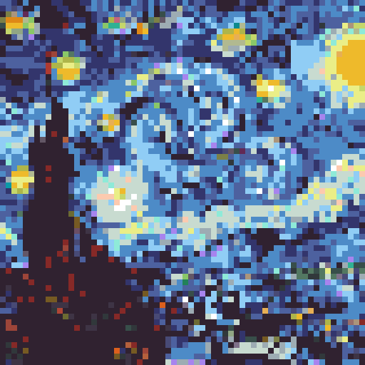 Swirling, vibrant, cosmic hues against a black backdrop, pixelating into a mesmerizing night sky, sRGB, pixel art, background, landscape
